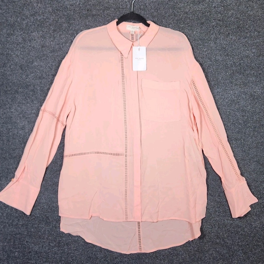 Ted Baker Women 4 Dusky Pink Lace Insert Longline Shirt Romantic Cottagecore NEW